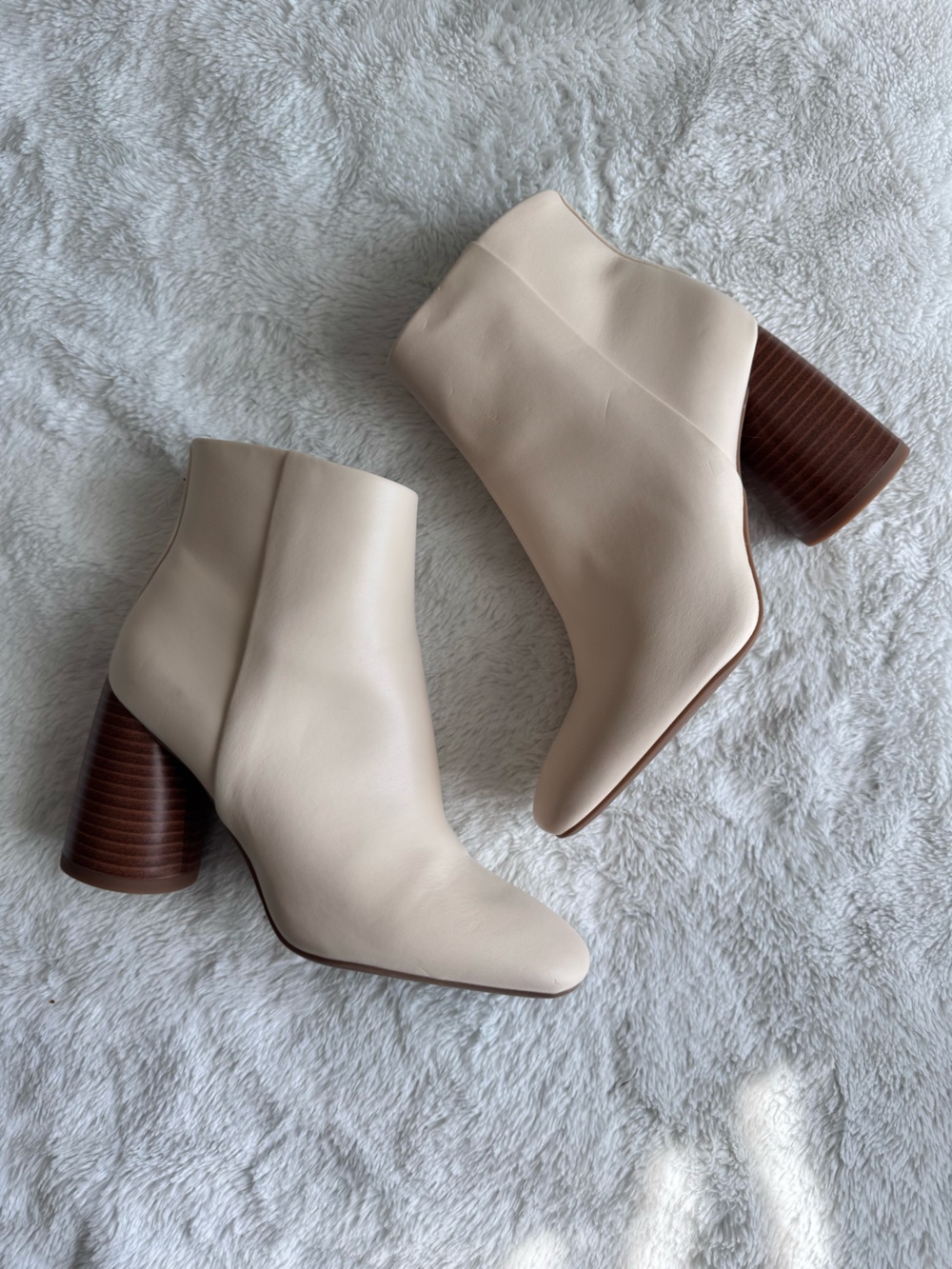Sam & Libby Women's Cream Ankle Boots with Stacked Brown Heel